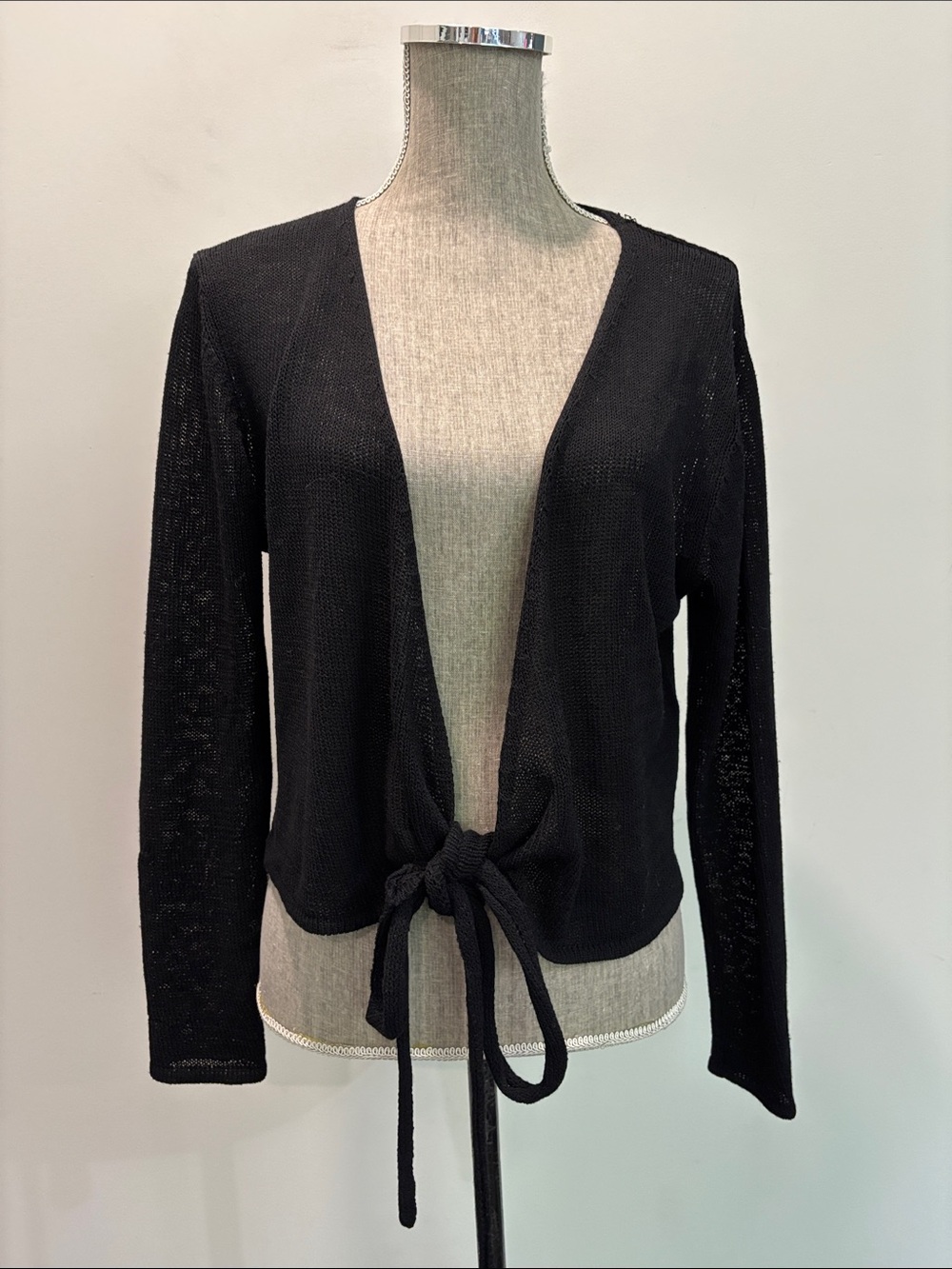 Eileen Fisher Black 100% Wool Tie Front Wrap Cardigan Size M Lightweight - Picture 3 of 16